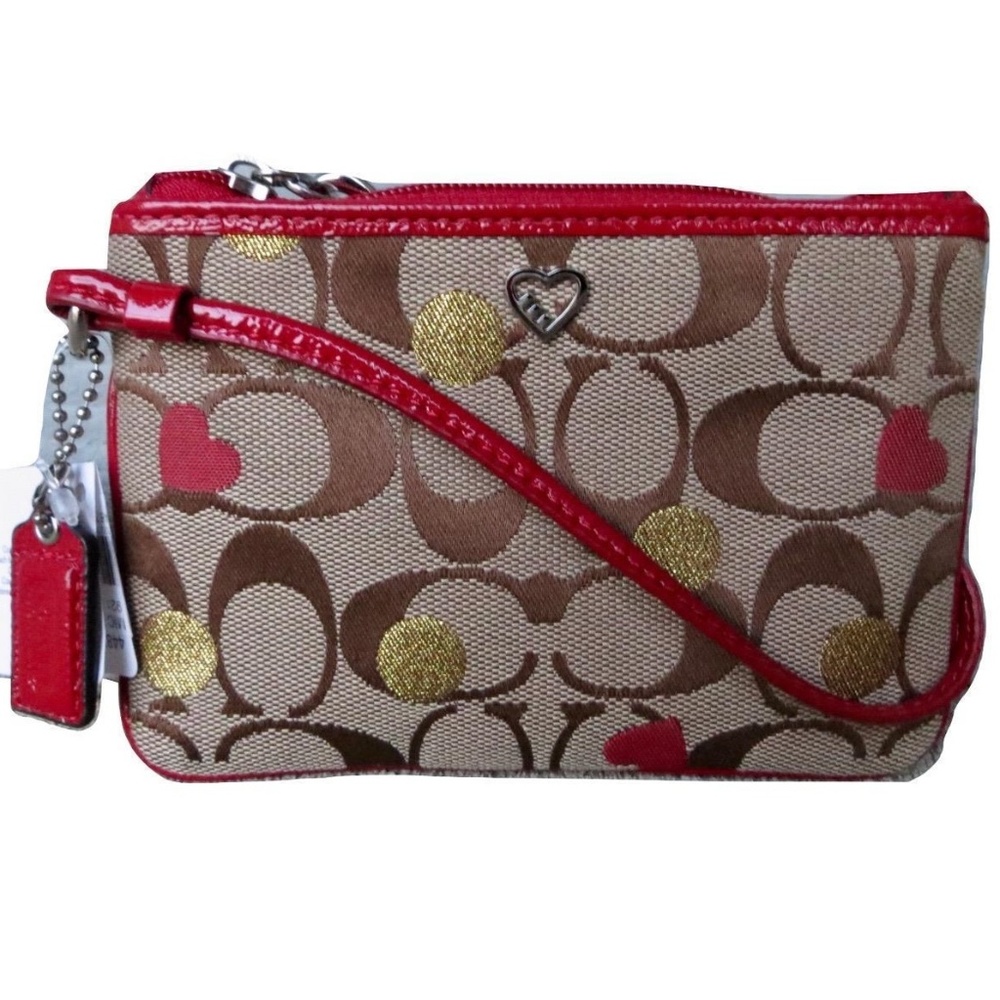 NWT Coach Poppy Heart Khaki Red Gold Signature Wri